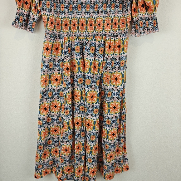 BODEN Smocked Bodice Puff Sleeve Midi Floral Deep V Dress Size 16/18R - Picture 13 of 15